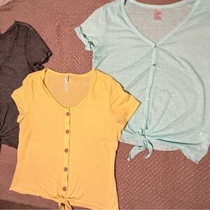 Yellow, Grey and Blue Button-Down Tie waist Tops